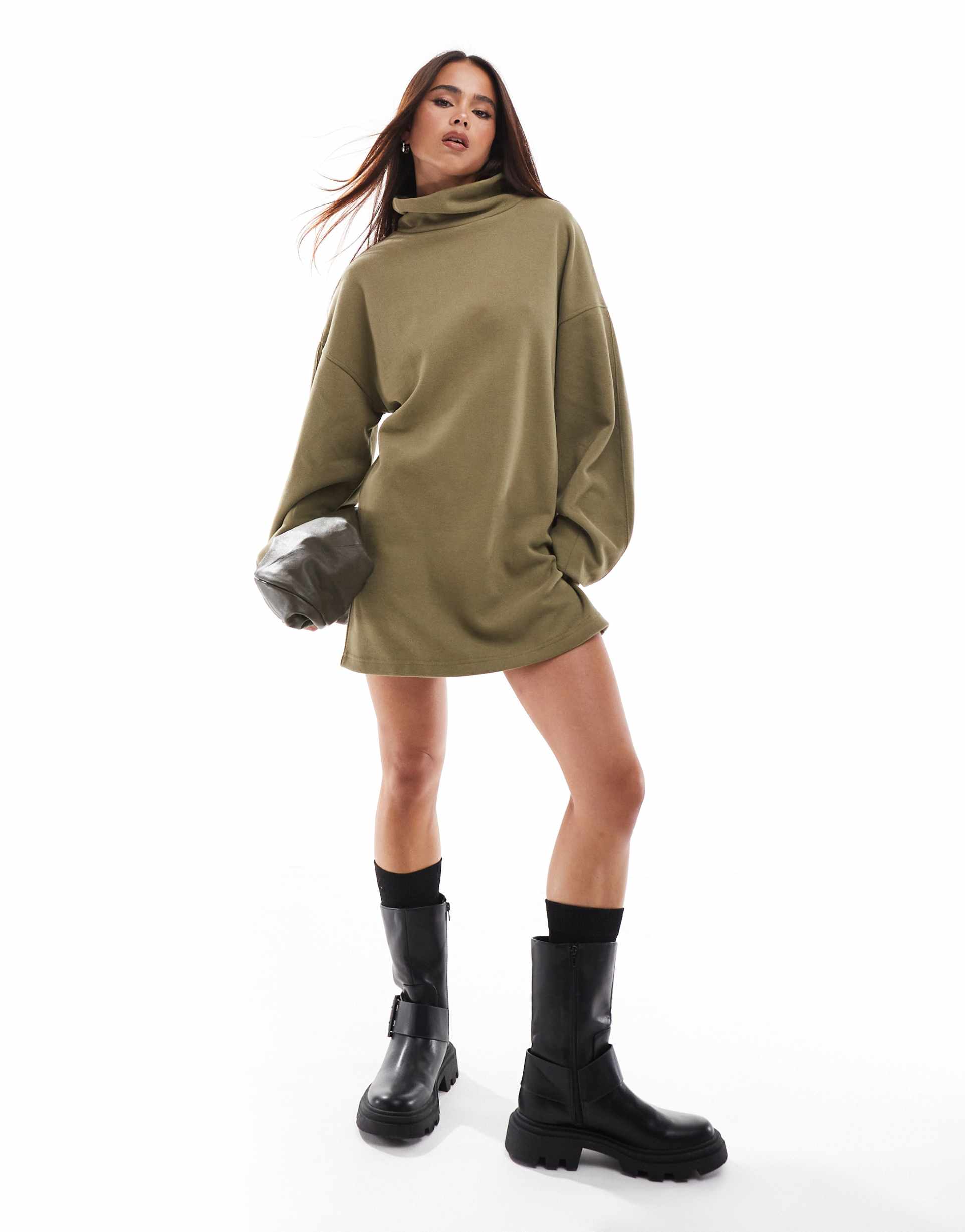 asos design supersoft cocoon sleeve funnel neck mini dress in khaki