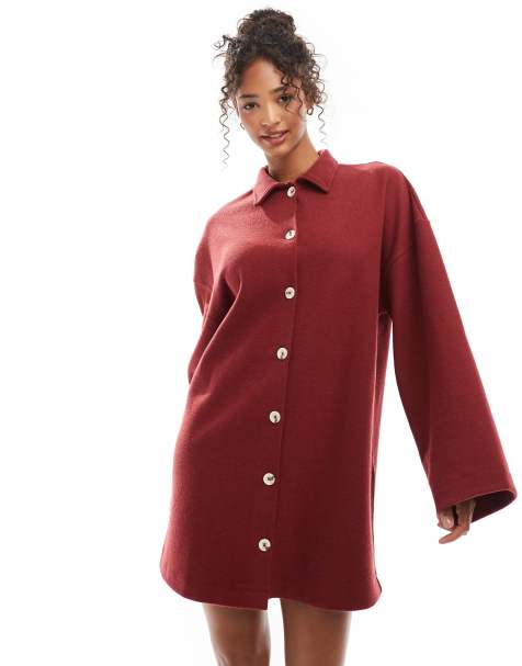 ASOS DESIGN supersoft collared button down cardigan mini dress in burgundy - view 1