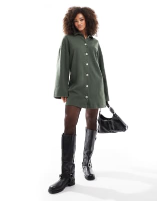 Asos Design Supersoft Collared Button Down Cardigan Mini Dress In Khaki-Green