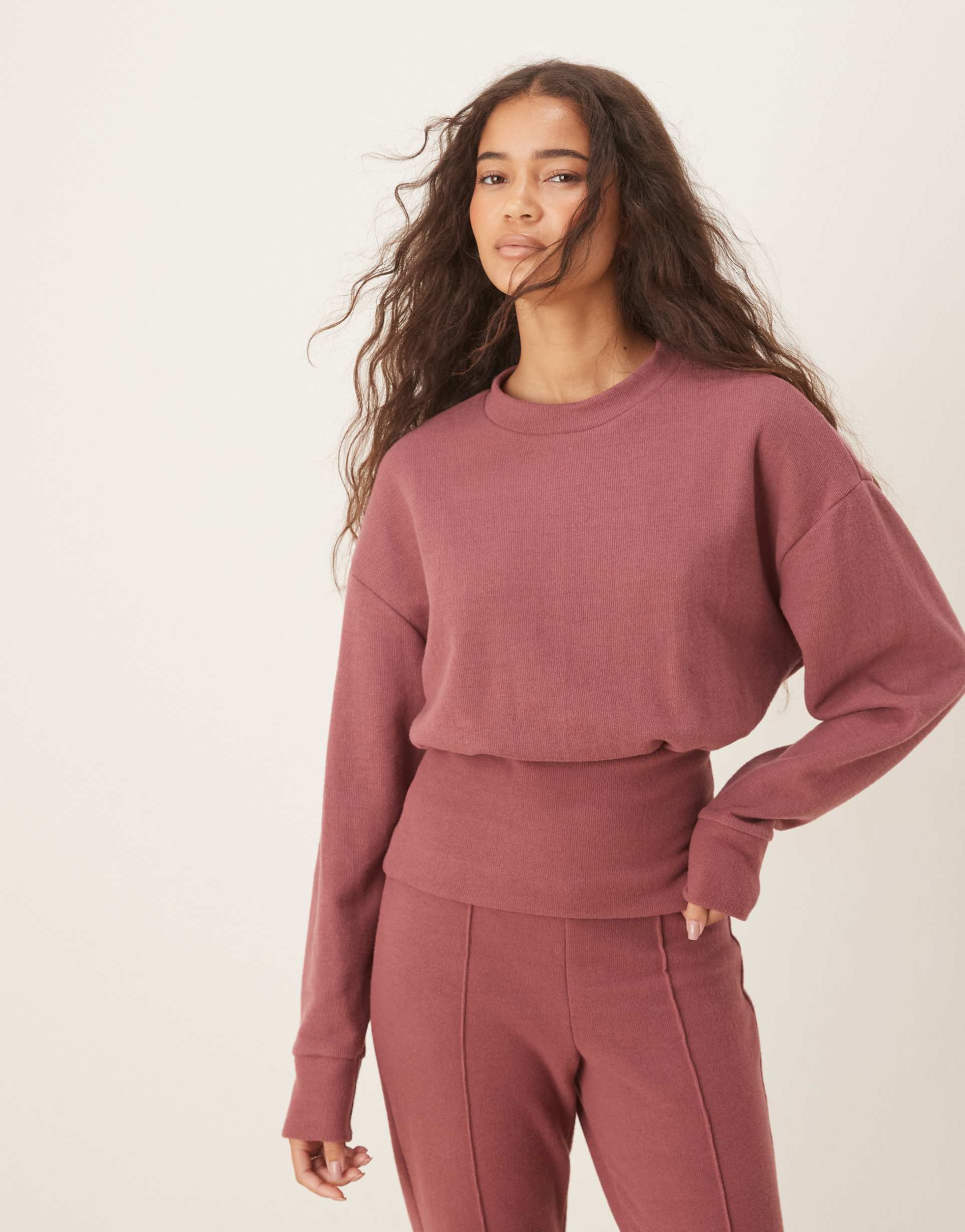asos design supersoft corset waist long sleeve top in dark rose