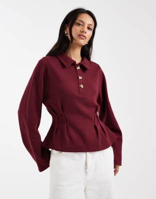 Asos Design Supersoft Corset Waist Rugby Tee In Burgundy