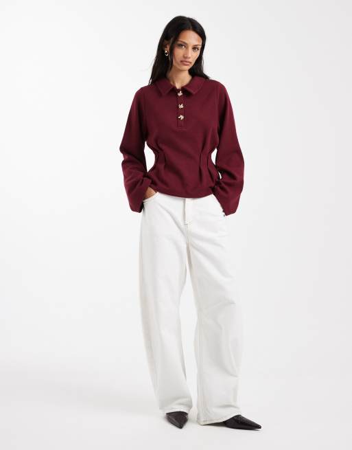 ASOS DESIGN Supersoft corset waist rugby tee in burgundy, 4 of 4