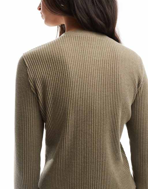 ASOS DESIGN supersoft crew rib neck cardigan in taupe, 4 of 4
