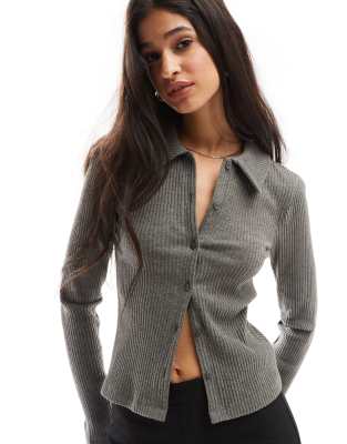 Asos Design Supersoft Cropped Ribbed Collar Cardigan In Charcoal Heather-no Color In Gray