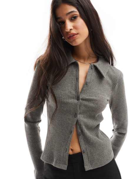 ASOS DESIGN supersoft cropped ribbed collar cardigan in charcoal heather - view 1