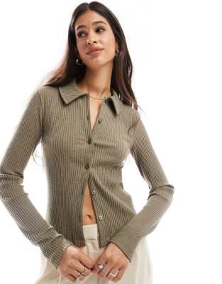 Asos Design Supersoft Cropped Ribbed Collar Cardigan In Taupe Heather-brown
