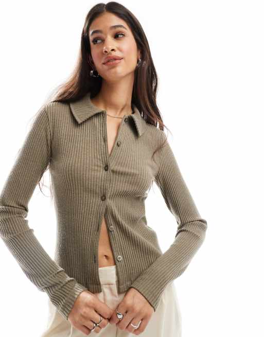 ASOS DESIGN supersoft cropped ribbed collar cardigan in taupe heather