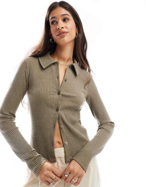 ASOS DESIGN supersoft cropped ribbed collar cardigan in taupe marl - view 1