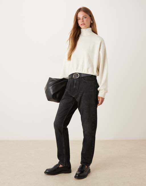 ASOS DESIGN supersoft curved hem high neck jumper with balloon sleeve in cream, 4 of 4