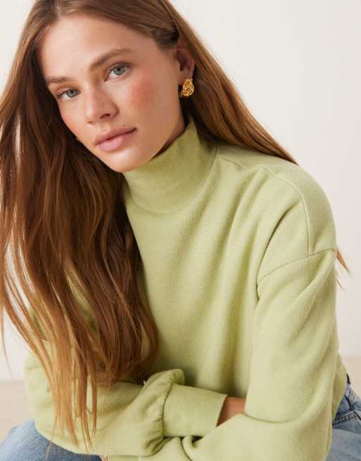 ASOS DESIGN Supersoft curved hem high neck sweater with balloon sleeves in pastel green, 2 of 4