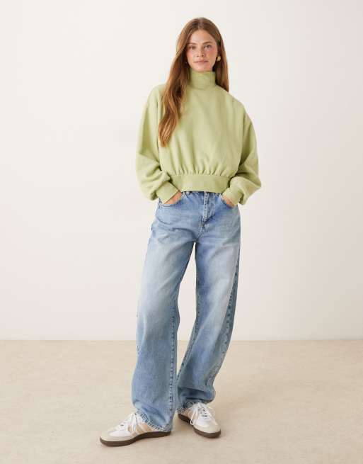 ASOS DESIGN Supersoft curved hem high neck sweater with balloon sleeves in pastel green, 3 of 4