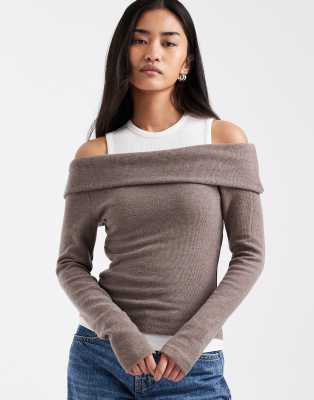 Asos Design Supersoft Double Layer Fallen Shoulders Top-multi In Gray