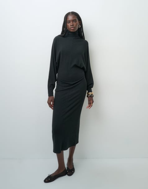 ASOS DESIGN supersoft drape batwing midi dress in black - view 1