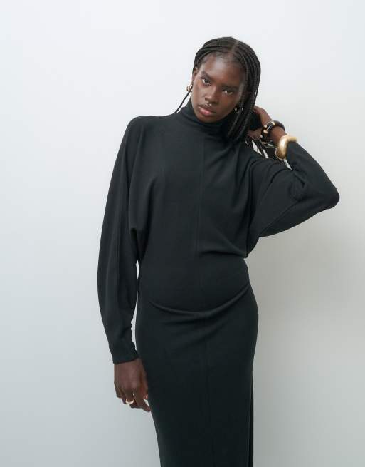 ASOS DESIGN supersoft drape batwing midi dress in black, 2 of 4