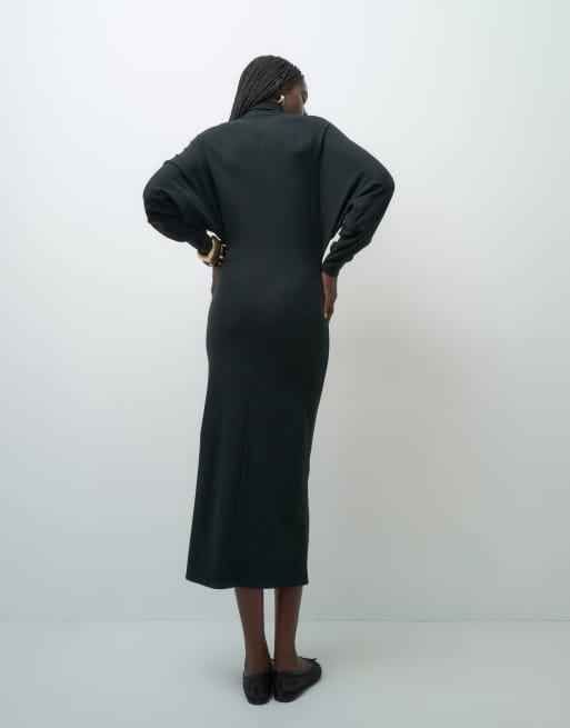 ASOS DESIGN supersoft drape batwing midi dress in black, 3 of 4