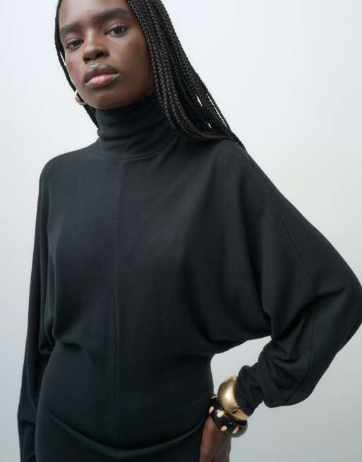 ASOS DESIGN supersoft drape batwing midi dress in black, 4 of 4