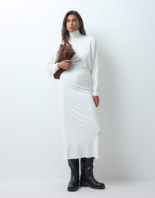 ASOS DESIGN supersoft drape batwing midi dress in ivory, 3 of 5