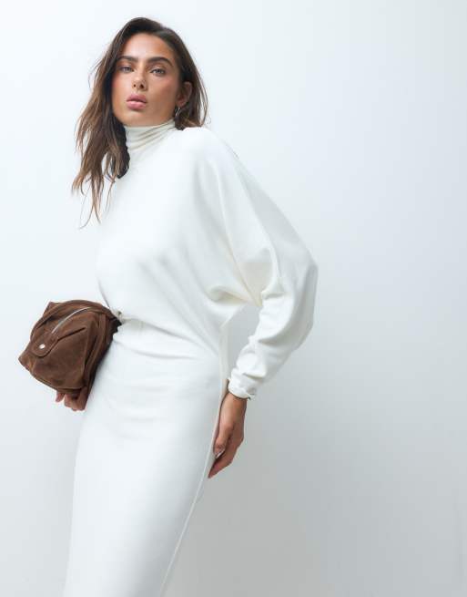 ASOS DESIGN supersoft drape batwing midi dress in ivory, 4 of 5