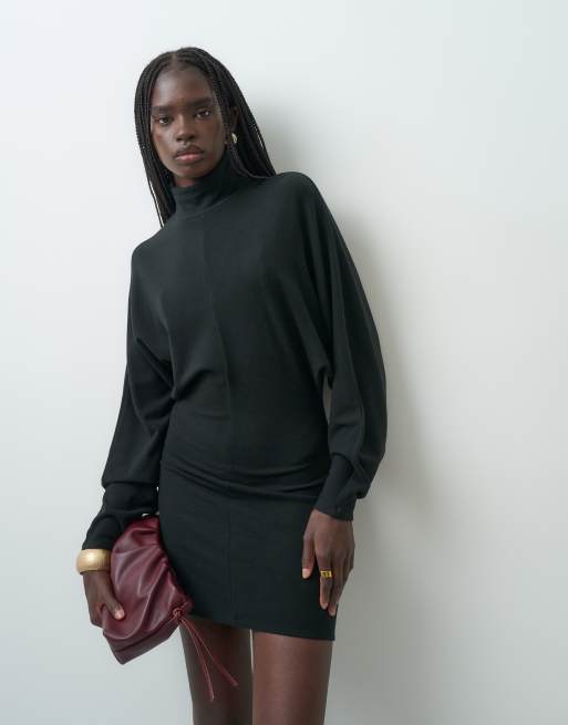 ASOS DESIGN supersoft drape batwing mini dress in black, 4 of 4