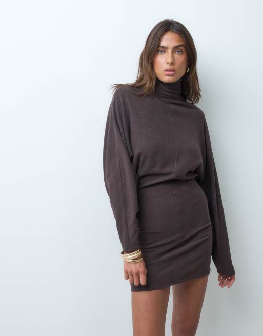 ASOS DESIGN supersoft drape batwing mini dress in chocolate, 3 of 5