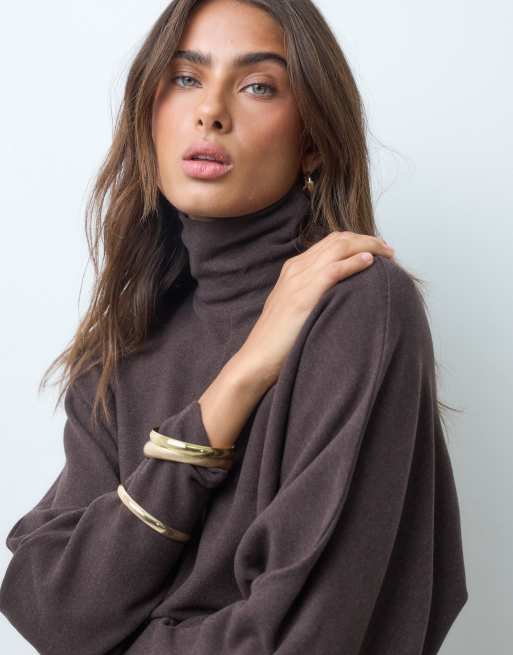 ASOS DESIGN supersoft drape batwing mini dress in chocolate, 4 of 5