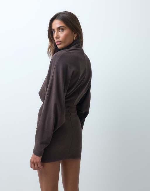 ASOS DESIGN supersoft drape batwing mini dress in chocolate, 5 of 5