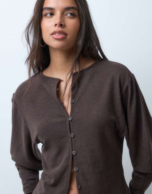 ASOS DESIGN supersoft drape button down with volume sleeve top in brown, 2 of 5