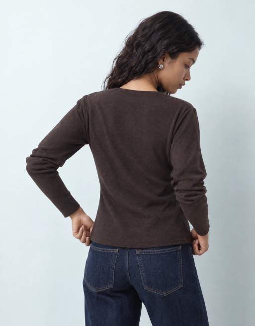 ASOS DESIGN supersoft drape button down with volume sleeve top in brown, 8 of 9
