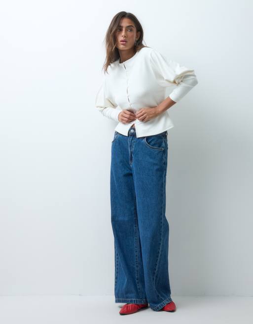 ASOS DESIGN supersoft drape button down with volume sleeve top in cream, 2 of 5