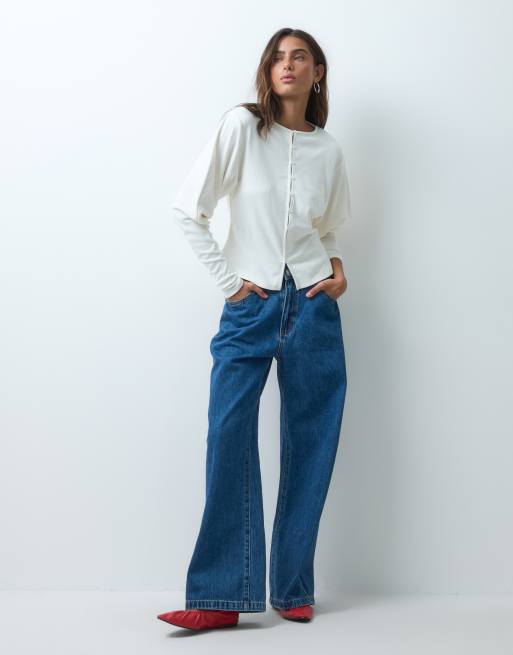 ASOS DESIGN supersoft drape button down with volume sleeve top in cream, 4 of 5