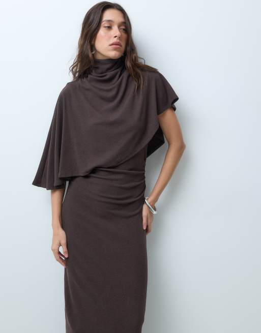 ASOS DESIGN supersoft drape cape maxi dress in chocolate, 4 of 5