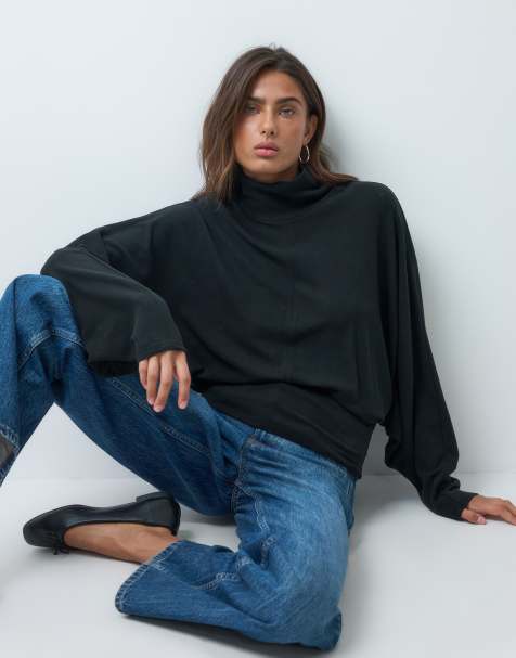 ASOS DESIGN supersoft drape funnel batwing top in black - view 1