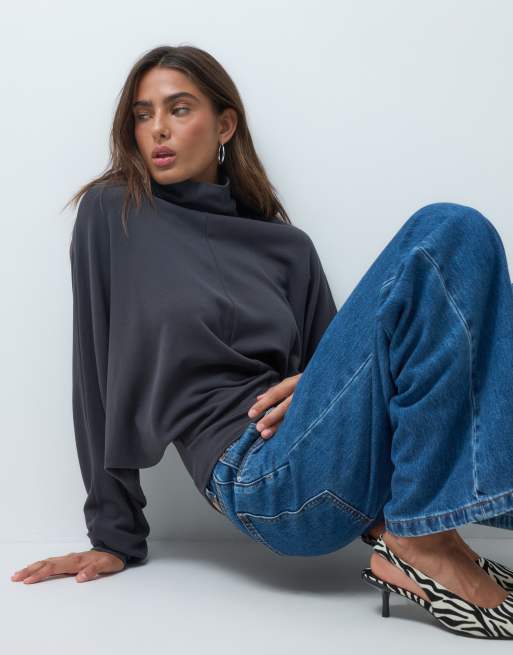 ASOS DESIGN supersoft drape funnel batwing top in charcoal, 4 of 5