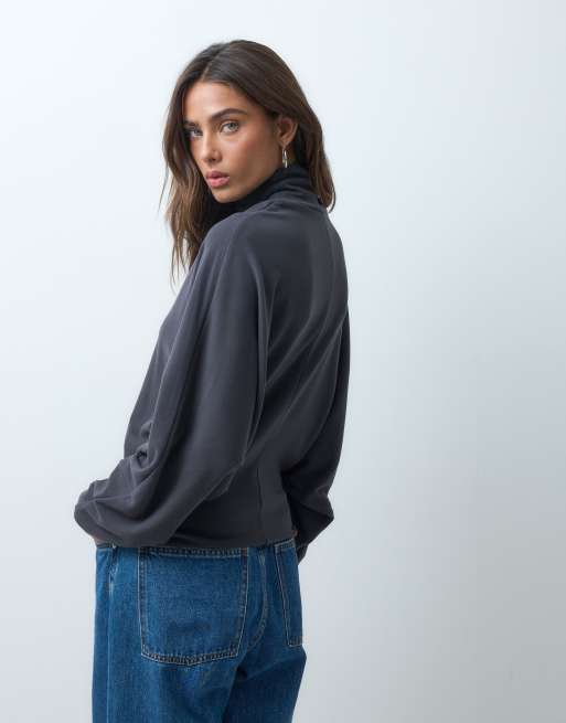 ASOS DESIGN supersoft drape funnel batwing top in charcoal, 5 of 5