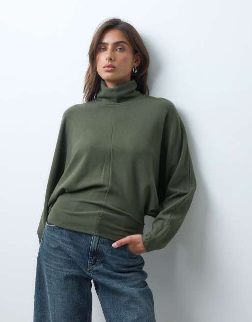 ASOS DESIGN supersoft drape funnel batwing top in khaki, 2 of 5