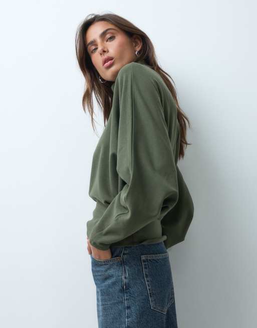 ASOS DESIGN supersoft drape funnel batwing top in khaki, 4 of 5