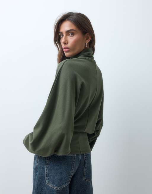 ASOS DESIGN supersoft drape funnel batwing top in khaki, 5 of 5