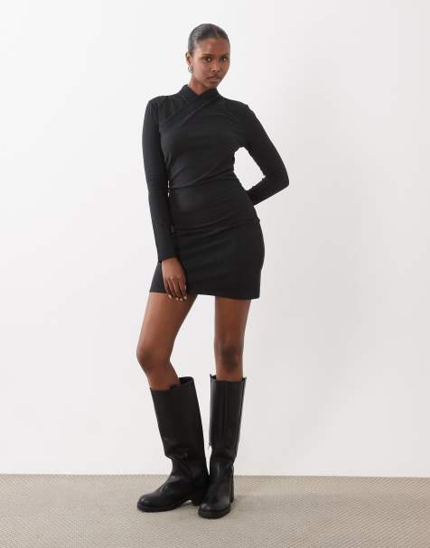ASOS DESIGN supersoft drape high neck wrap mini dress in black - view 1