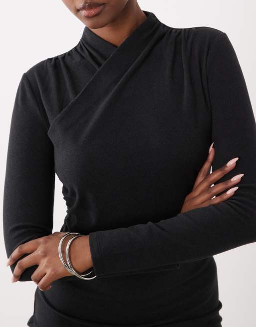 ASOS DESIGN supersoft drape high neck wrap mini dress in black, 2 of 4