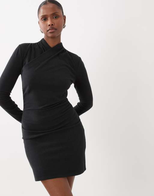 ASOS DESIGN supersoft drape high neck wrap mini dress in black, 4 of 4