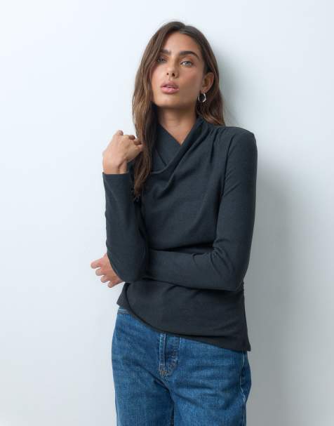 ASOS DESIGN supersoft drape high neck wrap top in black - view 1