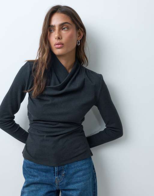 ASOS DESIGN supersoft drape high neck wrap top in black, 3 of 5