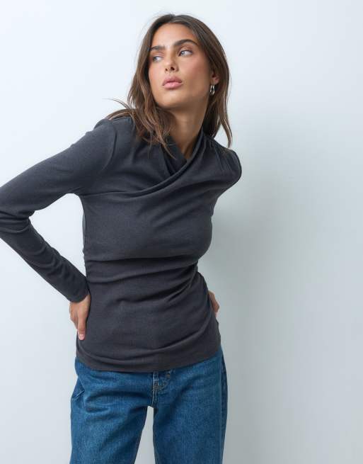 ASOS DESIGN supersoft drape high neck wrap top in charcoal, 3 of 5