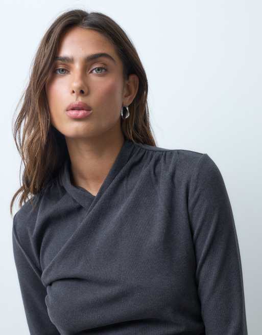 ASOS DESIGN supersoft drape high neck wrap top in charcoal, 4 of 5
