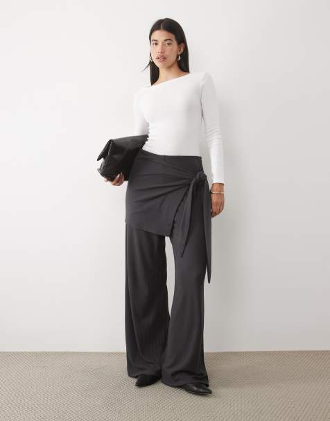 ASOS DESIGN supersoft drape tie side wide leg trouser in charcoal - view 1