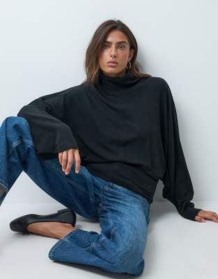 ASOS DESIGN supersoft draped funnel neck batwing sleeve top in black | ASOS