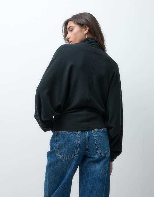ASOS DESIGN supersoft draped funnel neck batwing sleeve top in black, 5 of 5
