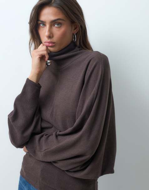 ASOS DESIGN supersoft draped funnel neck batwing sleeve top in brown - view 1