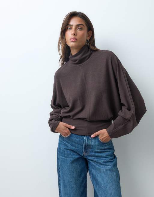 ASOS DESIGN supersoft draped funnel neck batwing sleeve top in brown, 3 of 5