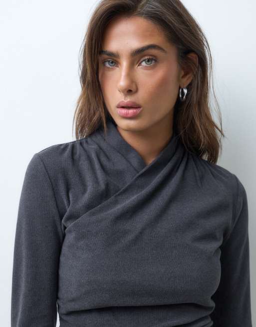 ASOS DESIGN supersoft draped high neck mini wrap dress in charcoal, 4 of 5